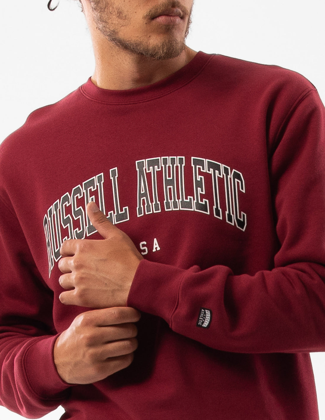 Burgundy Russell Athletic Pasadena Men Crew Neck Sweaters | 80MRVGDHF