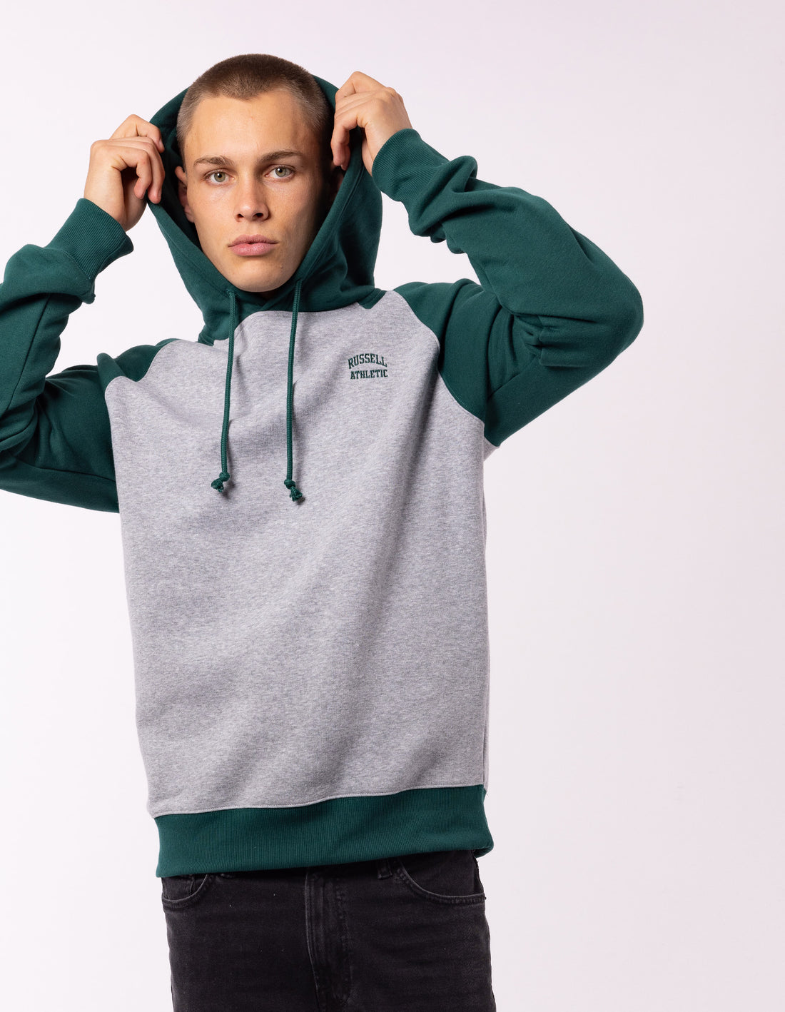 Green Russell Athletic Originals Small Arch Raglan Men Hoodie | 68UQBNXAC