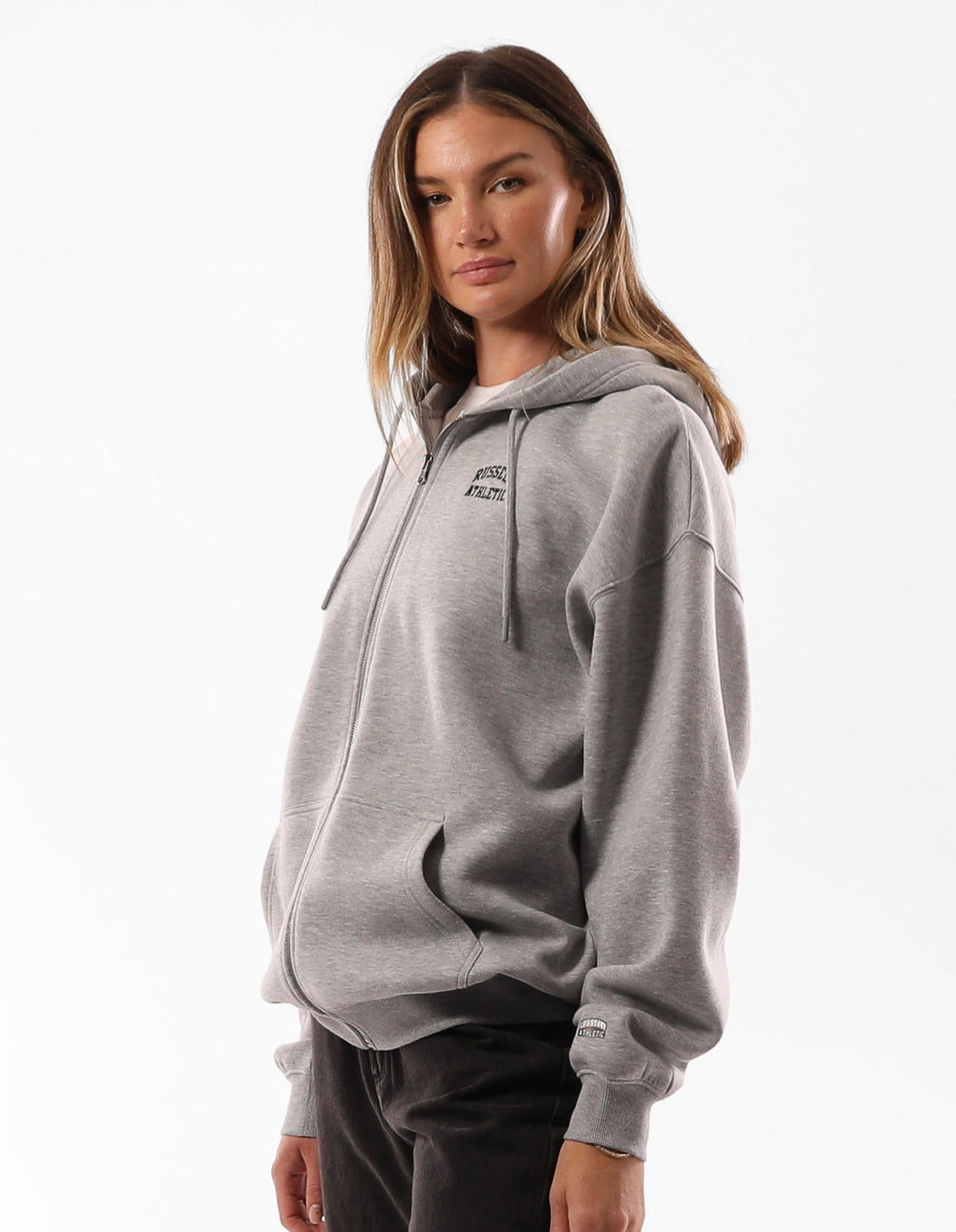 Grey Russell Athletic Originals Embroidered Zip Through Women Hoodie | 48AQHYMXW