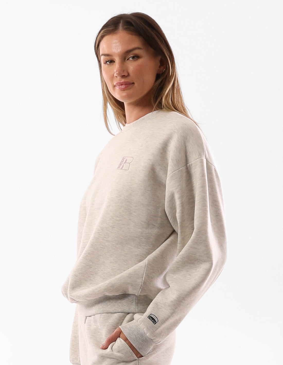 Khaki Russell Athletic Original Inlay Logo Women Crew Neck Sweaters | 29HVOKLDA