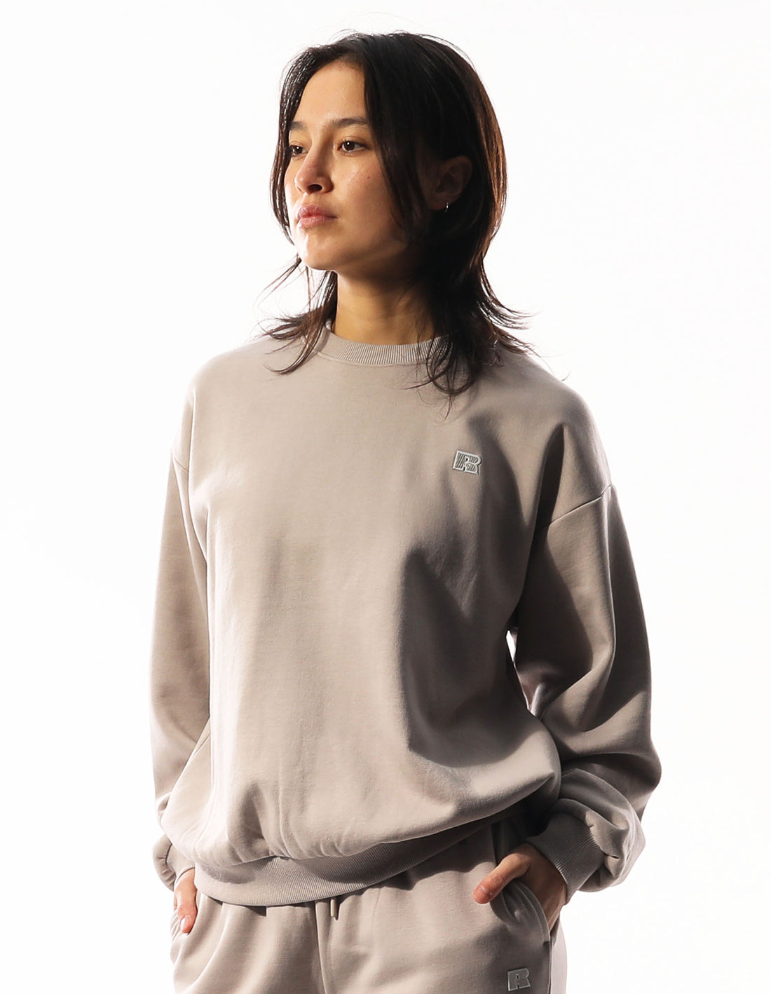 Khaki Russell Athletic R Logo Women Crew Neck Sweaters | 50YSXMPDF