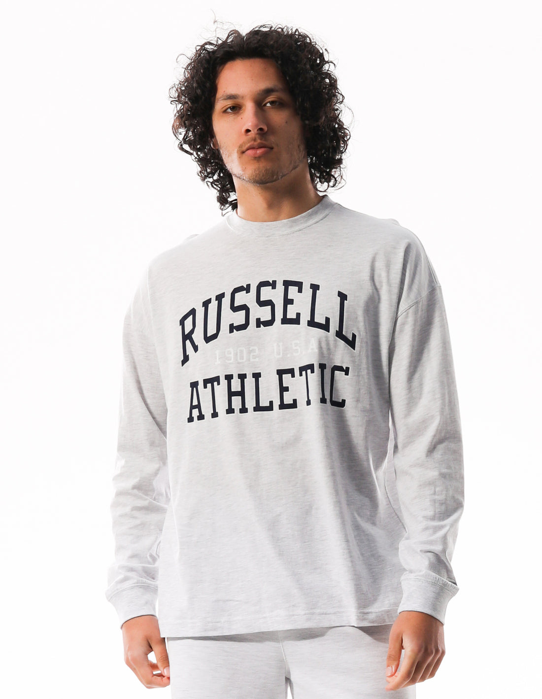 Light Grey Russell Athletic Big Arch Outline Long Sleeve Men T Shirts | 80VHOFATS