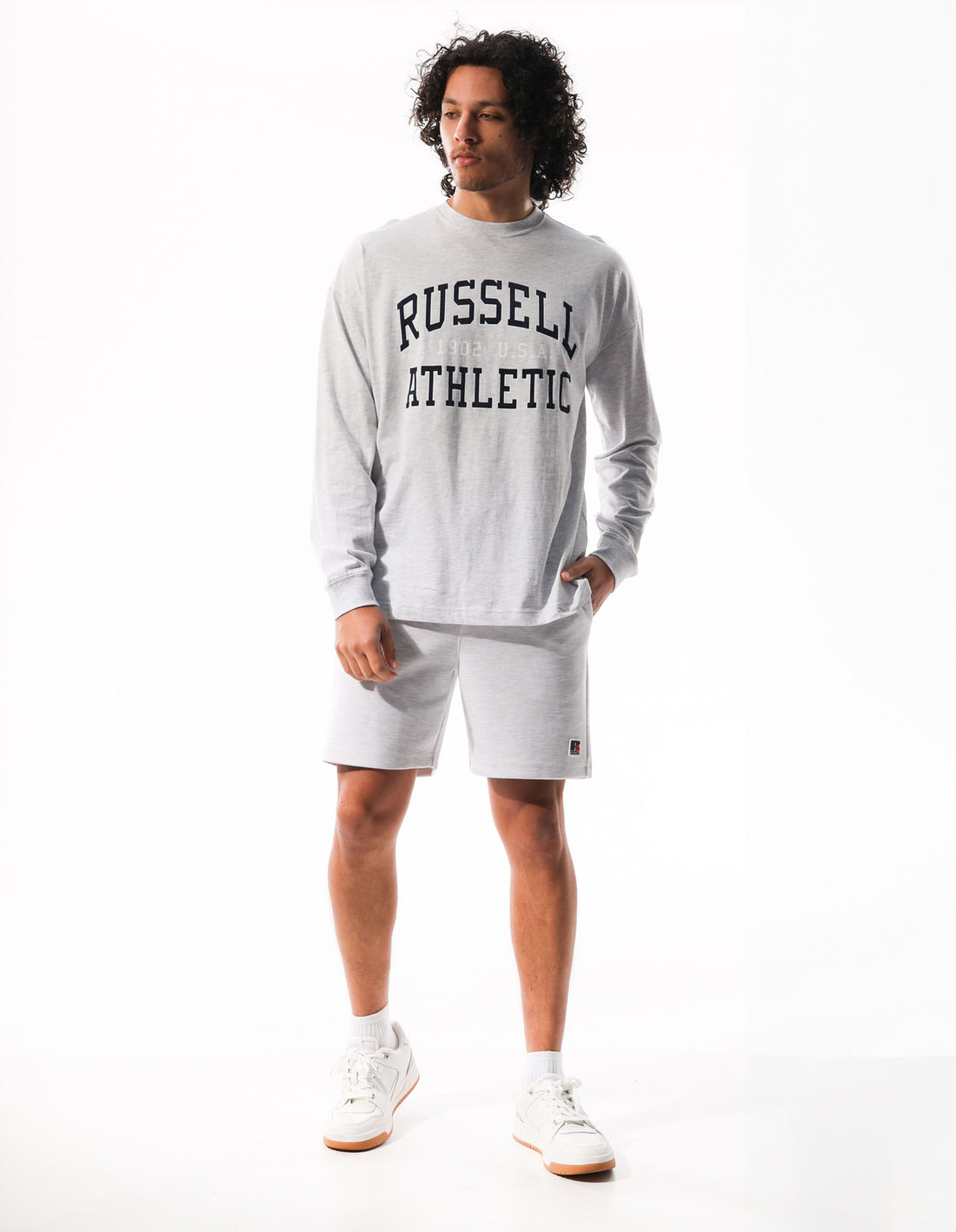 Light Grey Russell Athletic Big Arch Outline Long Sleeve Men T Shirts | 80VHOFATS