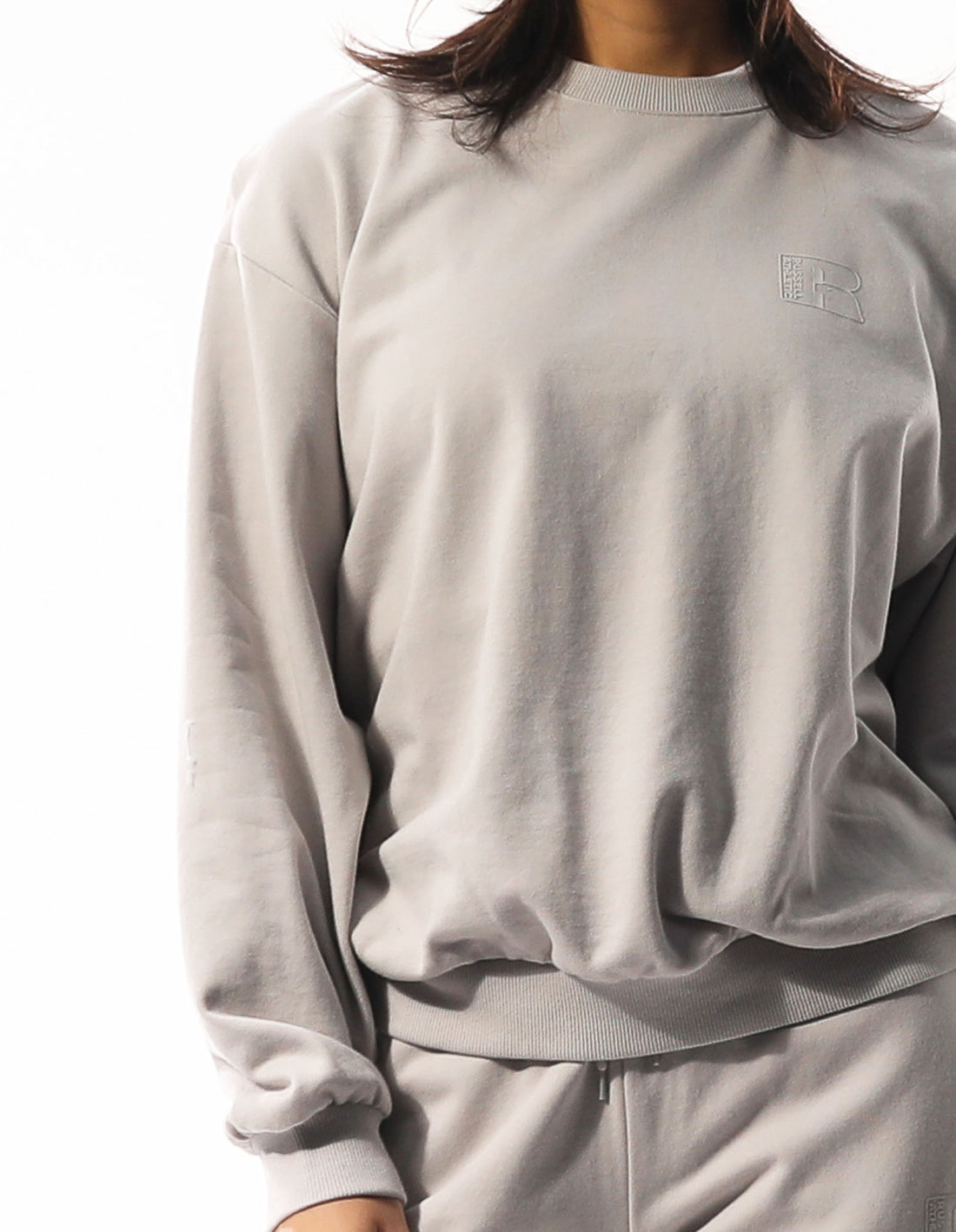 Light Grey Russell Athletic Inlay Logo Unbrushed Women Crew Neck Sweaters | 61ZQAVWMF