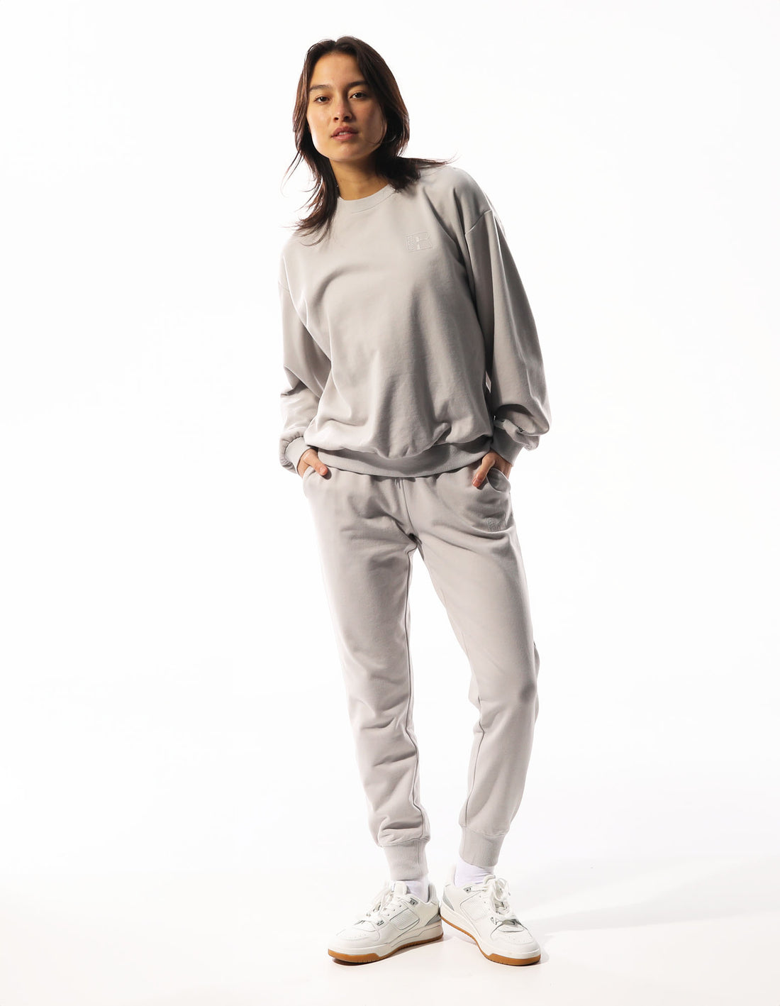 Light Grey Russell Athletic Inlay Logo Unbrushed Women Crew Neck Sweaters | 61ZQAVWMF