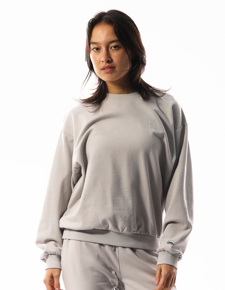 Light Grey Russell Athletic Inlay Logo Unbrushed Women Crew Neck Sweaters | 61ZQAVWMF