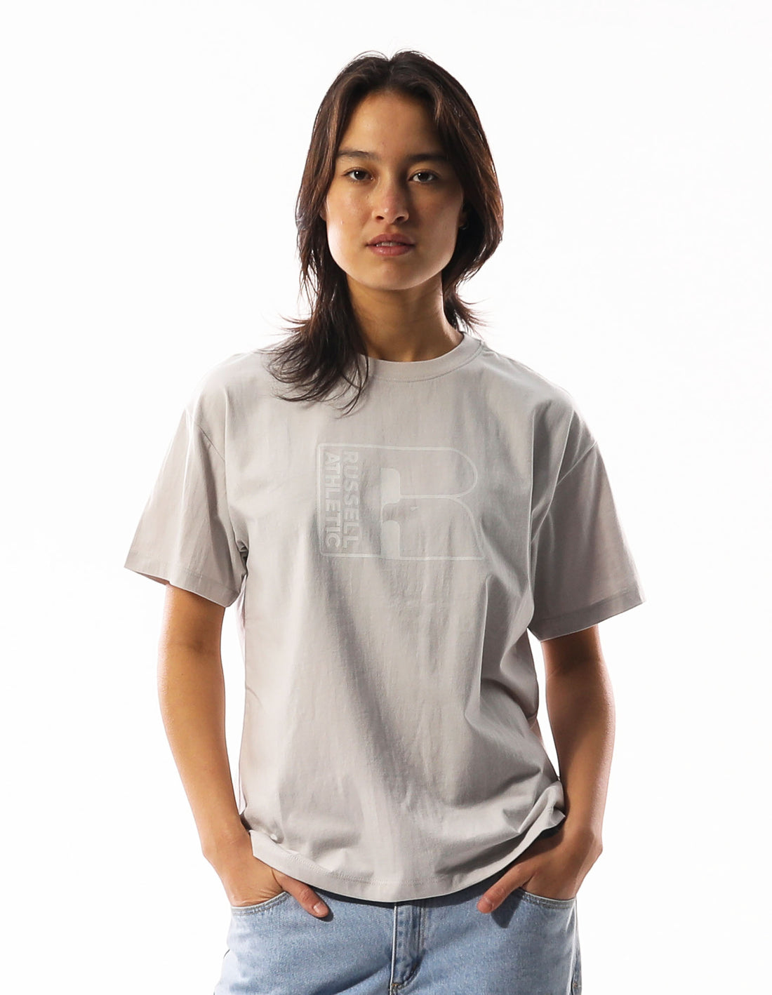 Light Grey Russell Athletic Originals Inlay Logo Women T Shirts | 40YCWSNXL