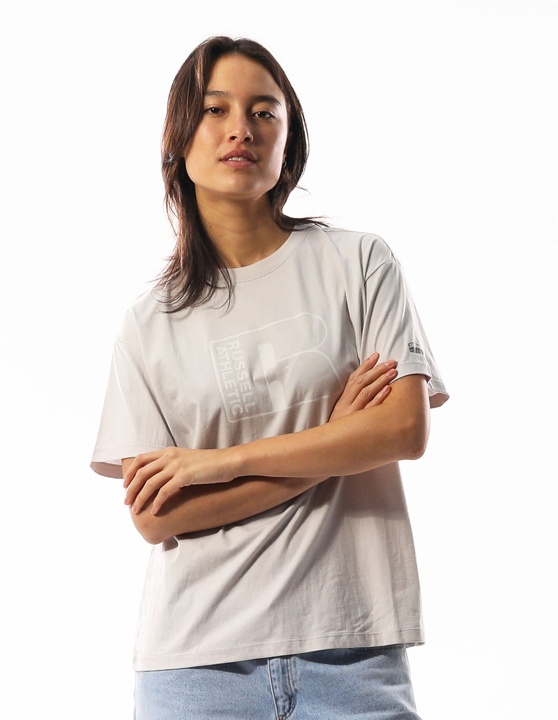 Light Grey Russell Athletic Originals Inlay Logo Women T Shirts | 40YCWSNXL