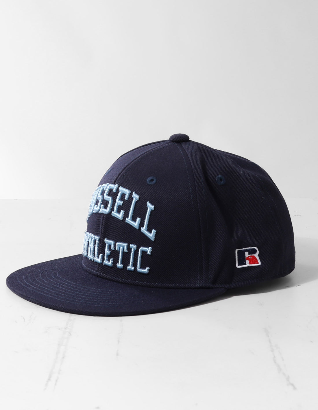 Navy Russell Athletic Arch Logo Snap Back 3D Embroidered Accessories Caps | 48RZJDMPB