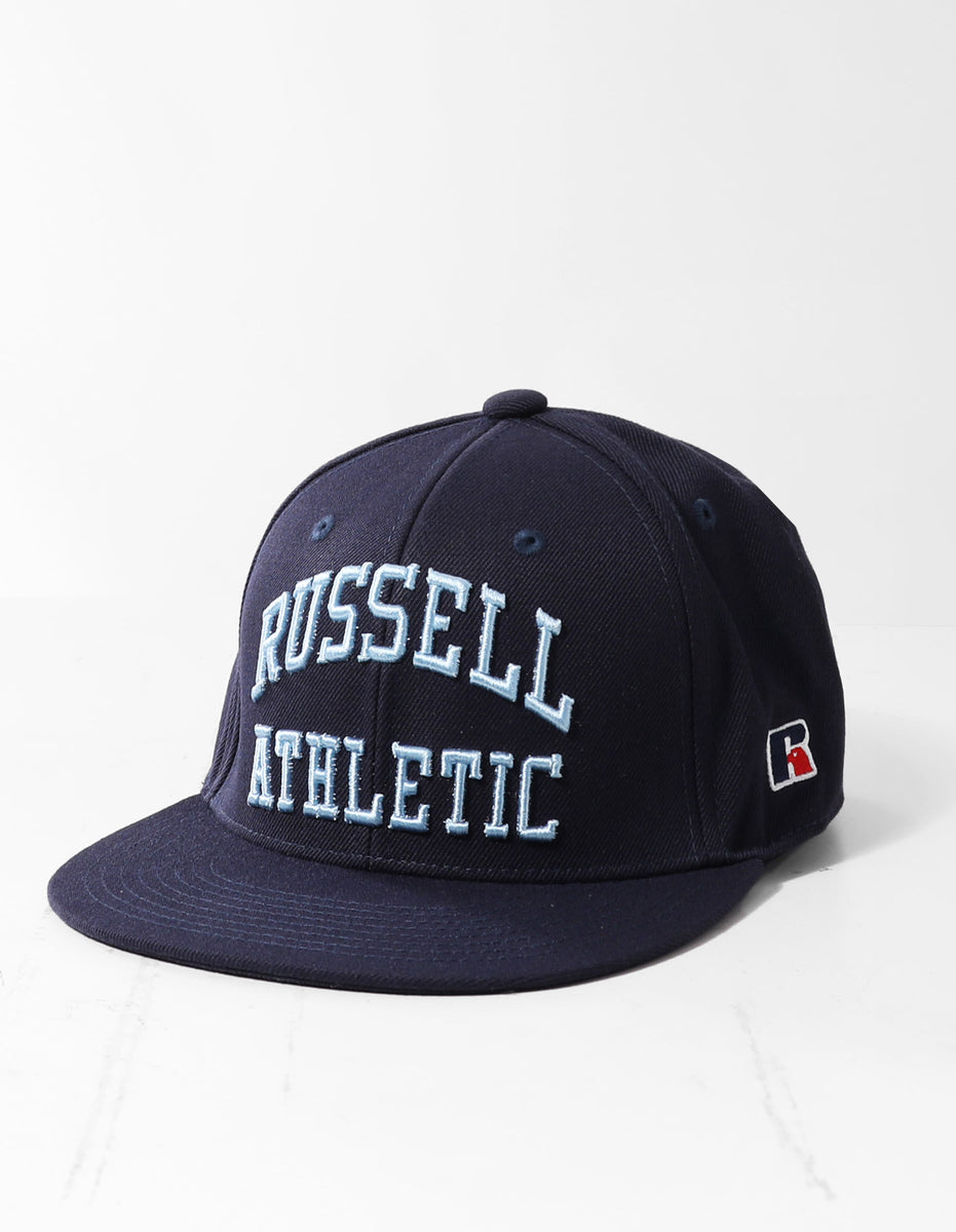 Navy Russell Athletic Arch Logo Snap Back 3D Embroidered Accessories Caps | 48RZJDMPB