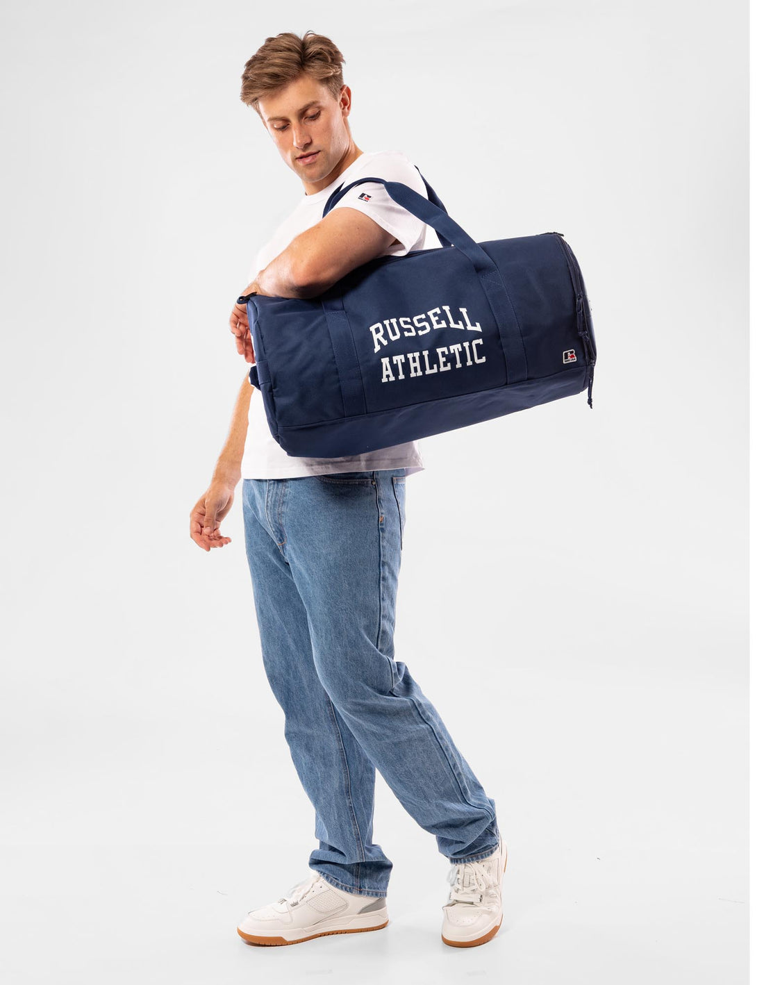 Navy Russell Athletic Arched Logo Barrel Accessories Bags & Backpacks | 47CDEYOBJ