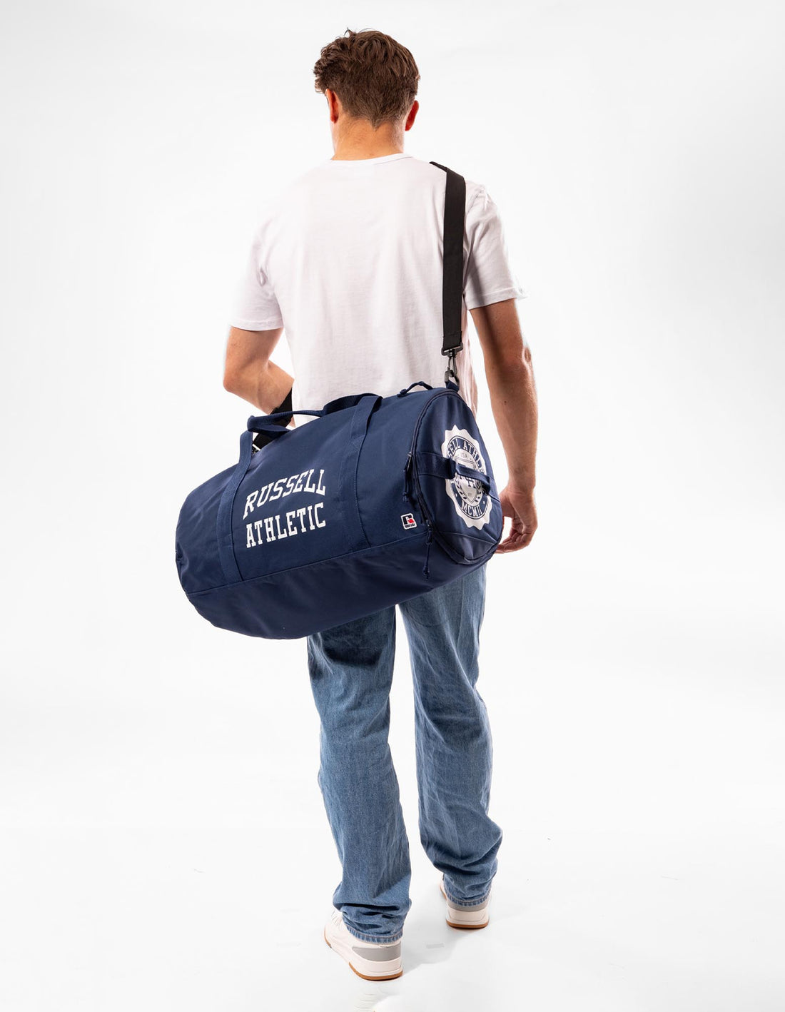 Navy Russell Athletic Arched Logo Barrel Accessories Bags & Backpacks | 47CDEYOBJ