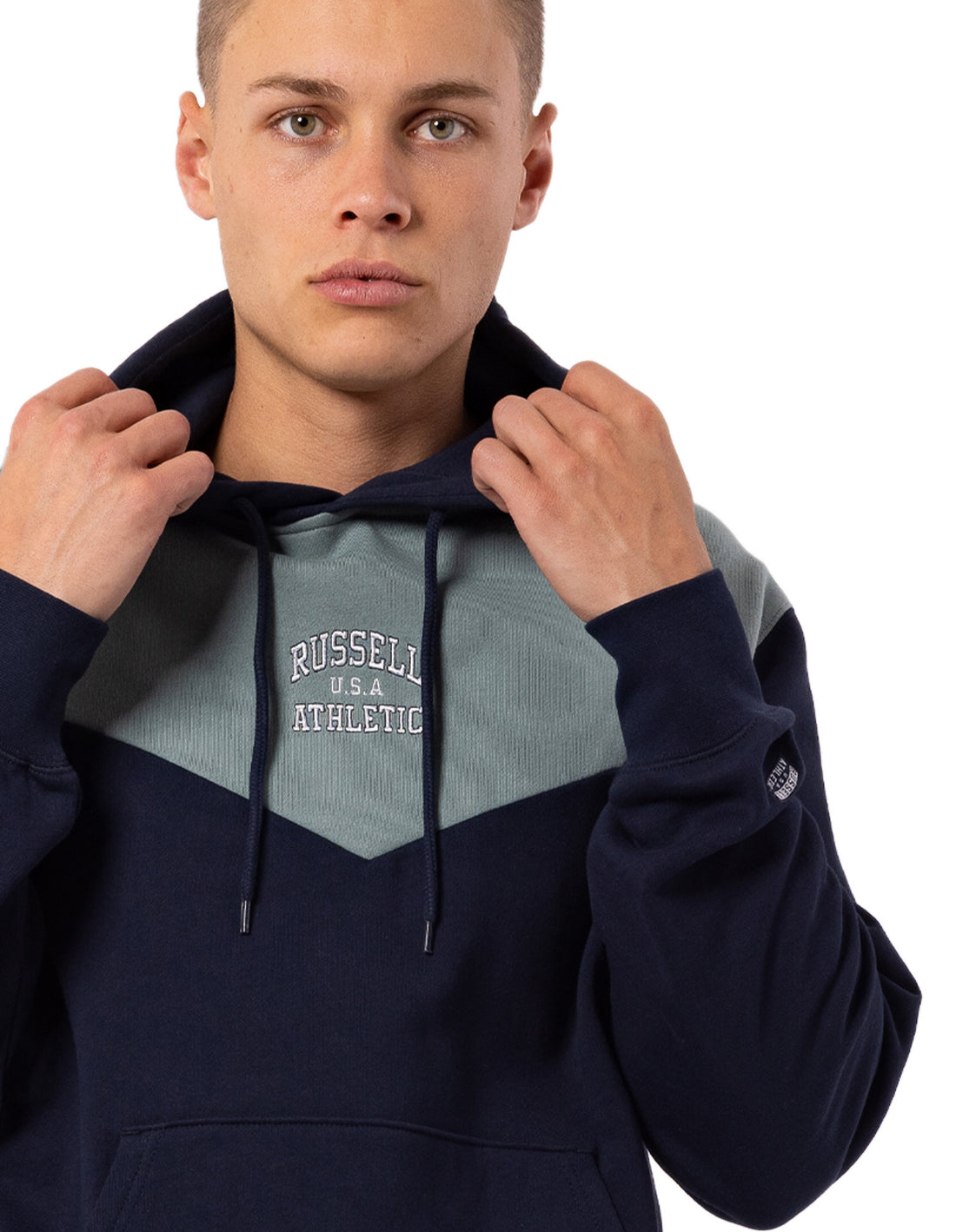 Navy Russell Athletic Chevron Men Hoodie | 70JKRGVSM