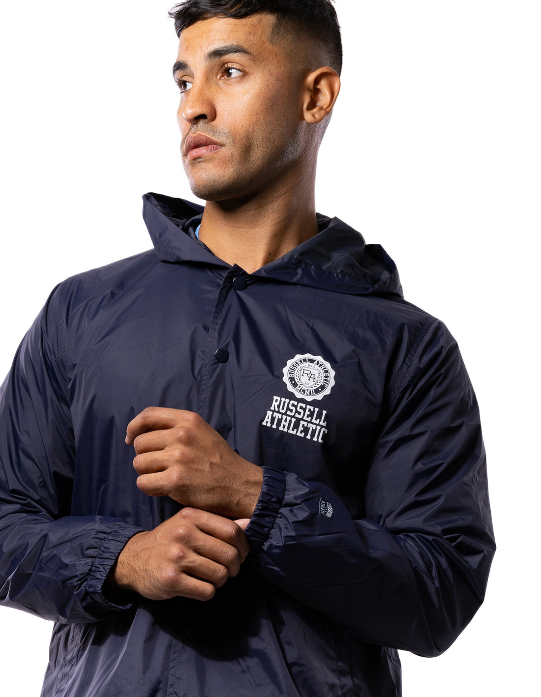 Navy Russell Athletic Hooded Coaches Men Jackets | 72CFAXWYB