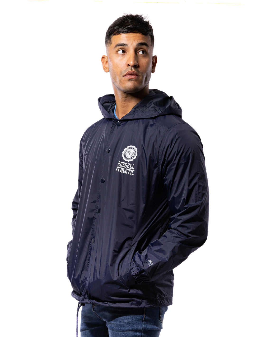 Navy Russell Athletic Hooded Coaches Men Jackets | 72CFAXWYB