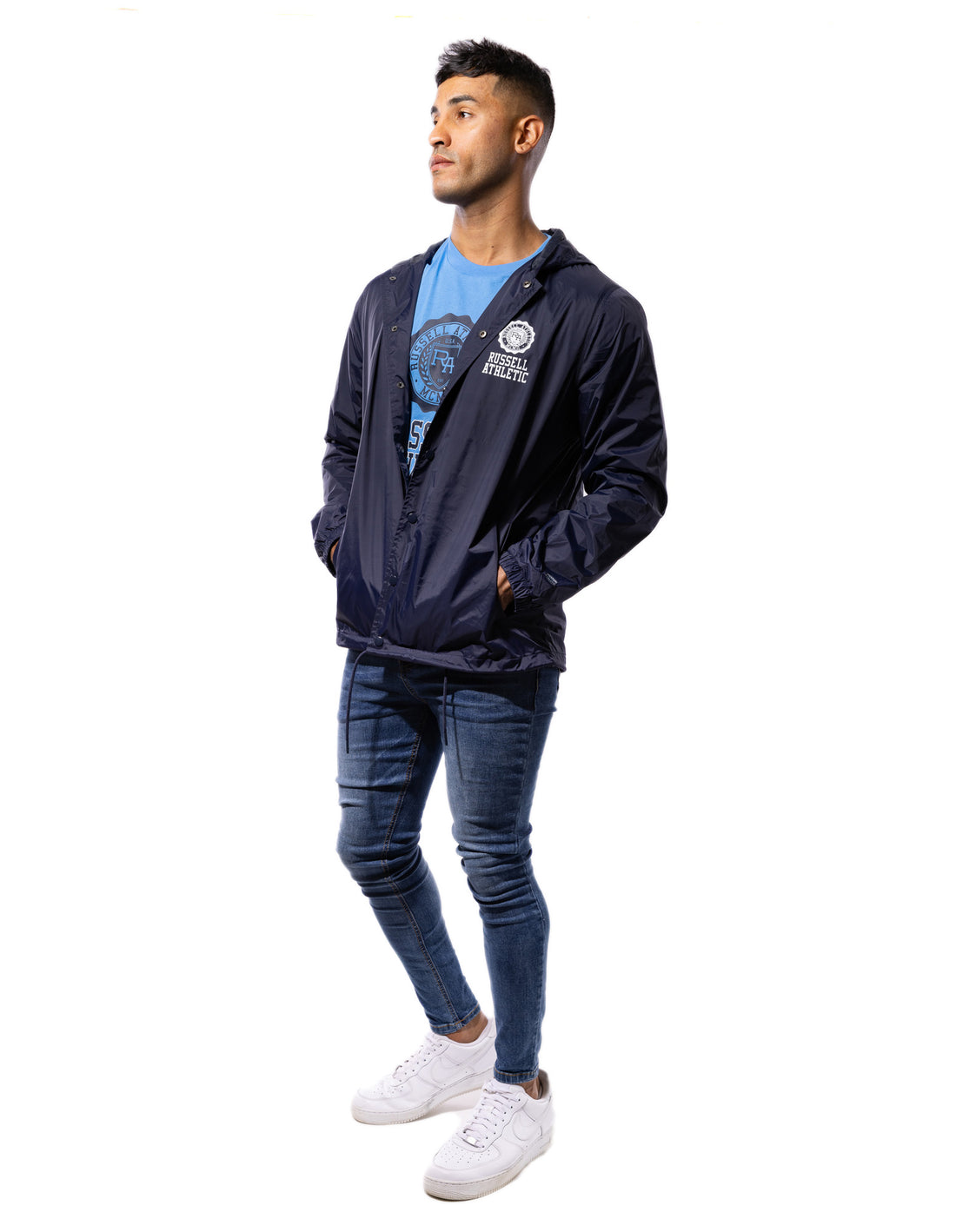 Navy Russell Athletic Hooded Coaches Men Jackets | 72CFAXWYB