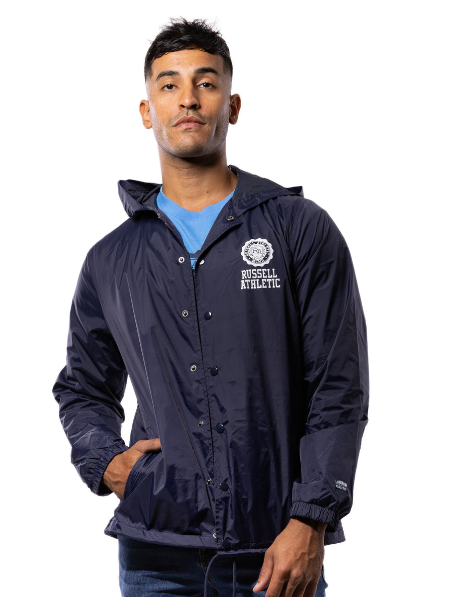 Navy Russell Athletic Hooded Coaches Men Jackets | 72CFAXWYB