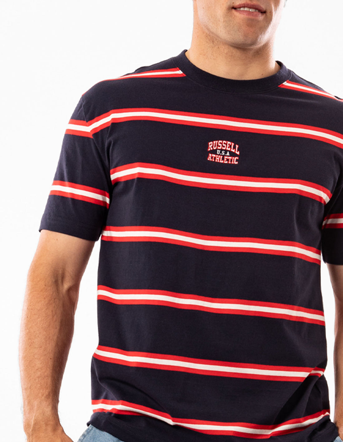 Navy Russell Athletic Kansas Stripe Men T Shirts | 40XMPJQSK