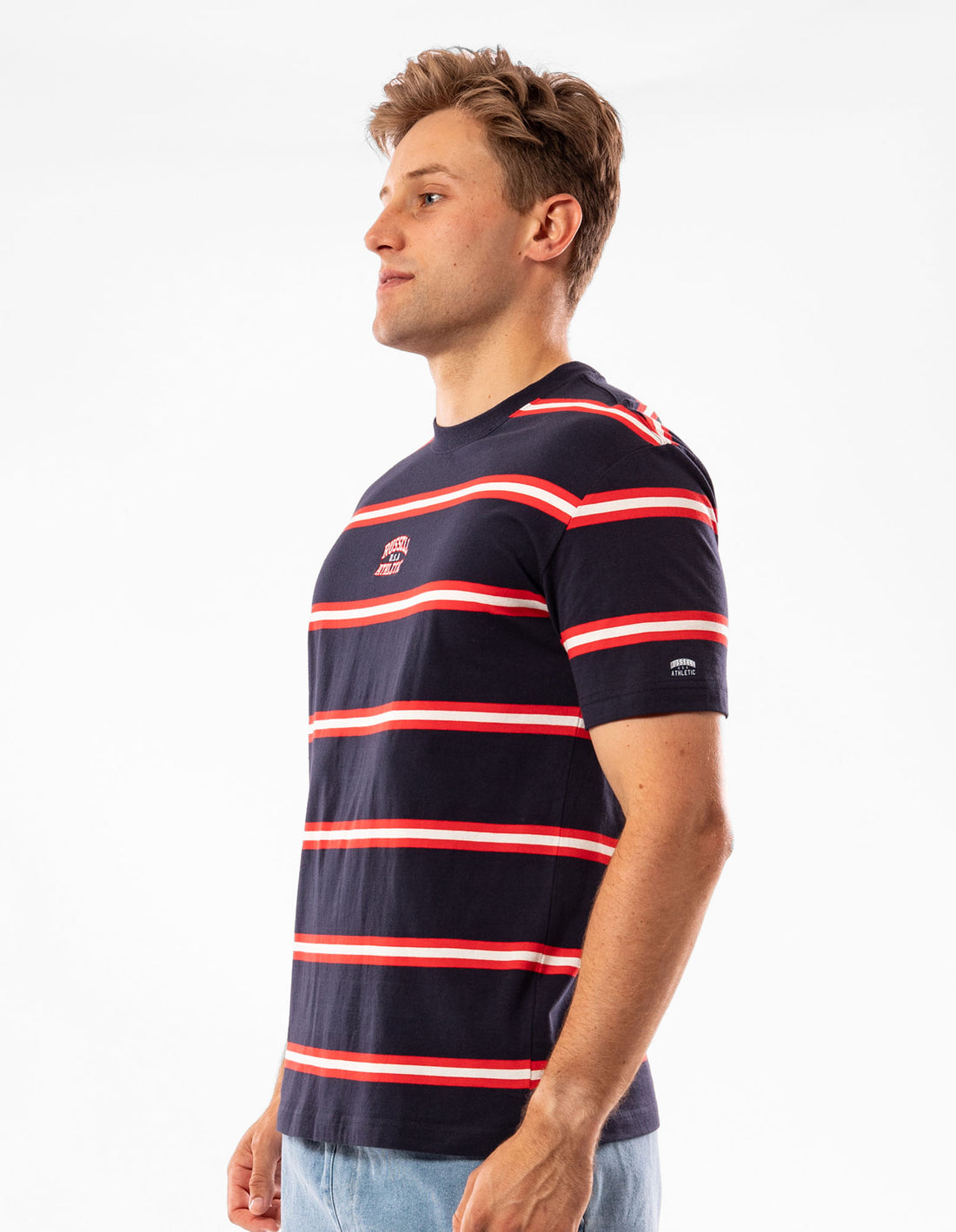 Navy Russell Athletic Kansas Stripe Men T Shirts | 40XMPJQSK