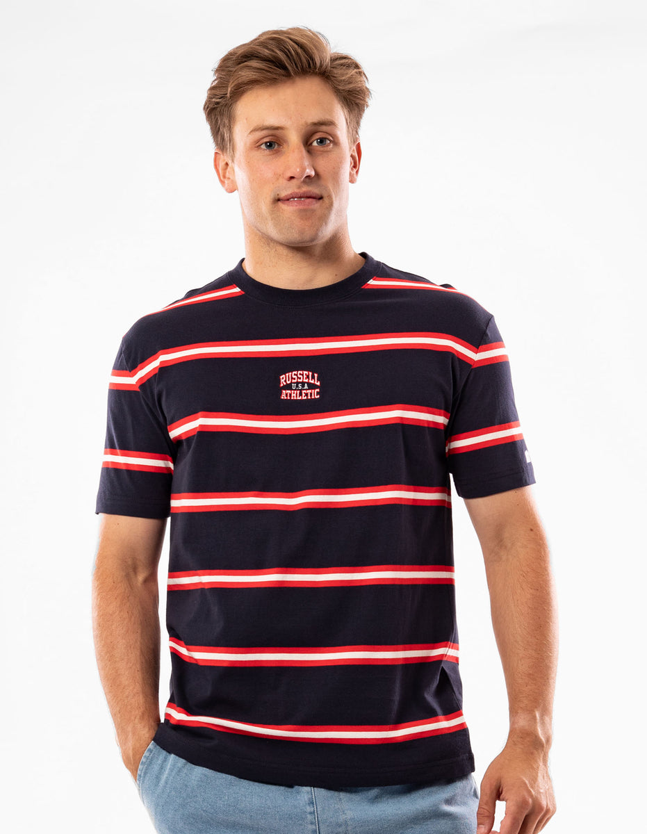 Navy Russell Athletic Kansas Stripe Men T Shirts | 40XMPJQSK