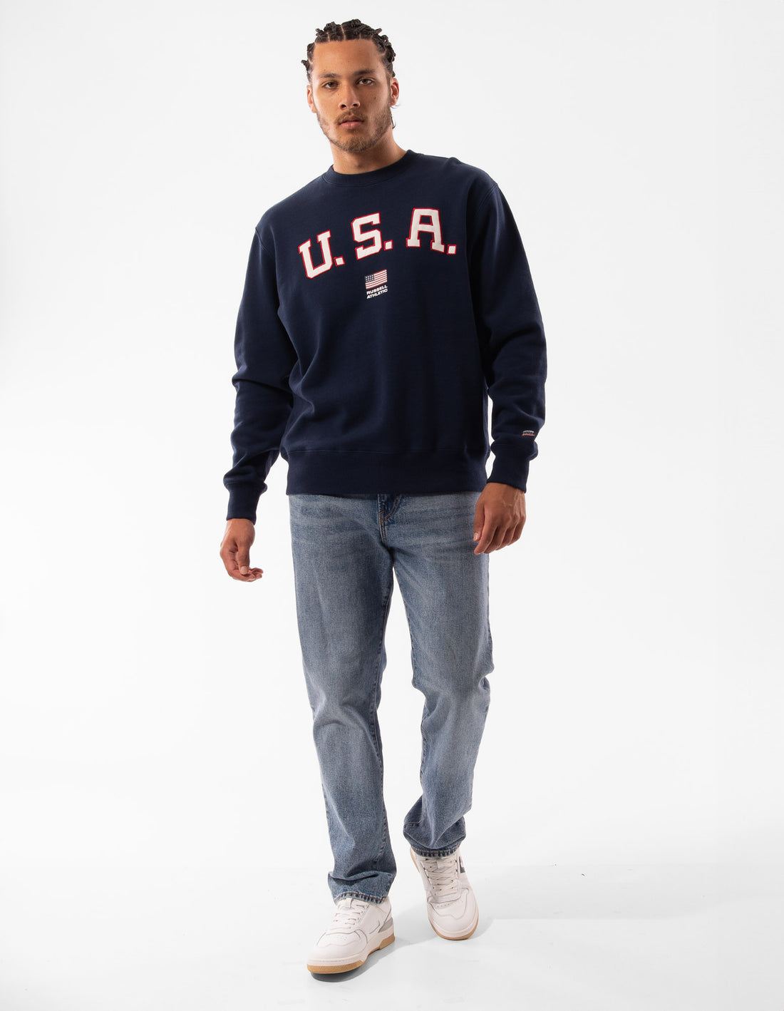 Navy Russell Athletic Lewis Men Crew Neck Sweaters | 80WMFTNRI