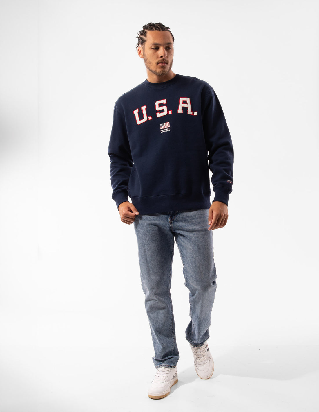 Navy Russell Athletic Lewis Men Crew Neck Sweaters | 80WMFTNRI