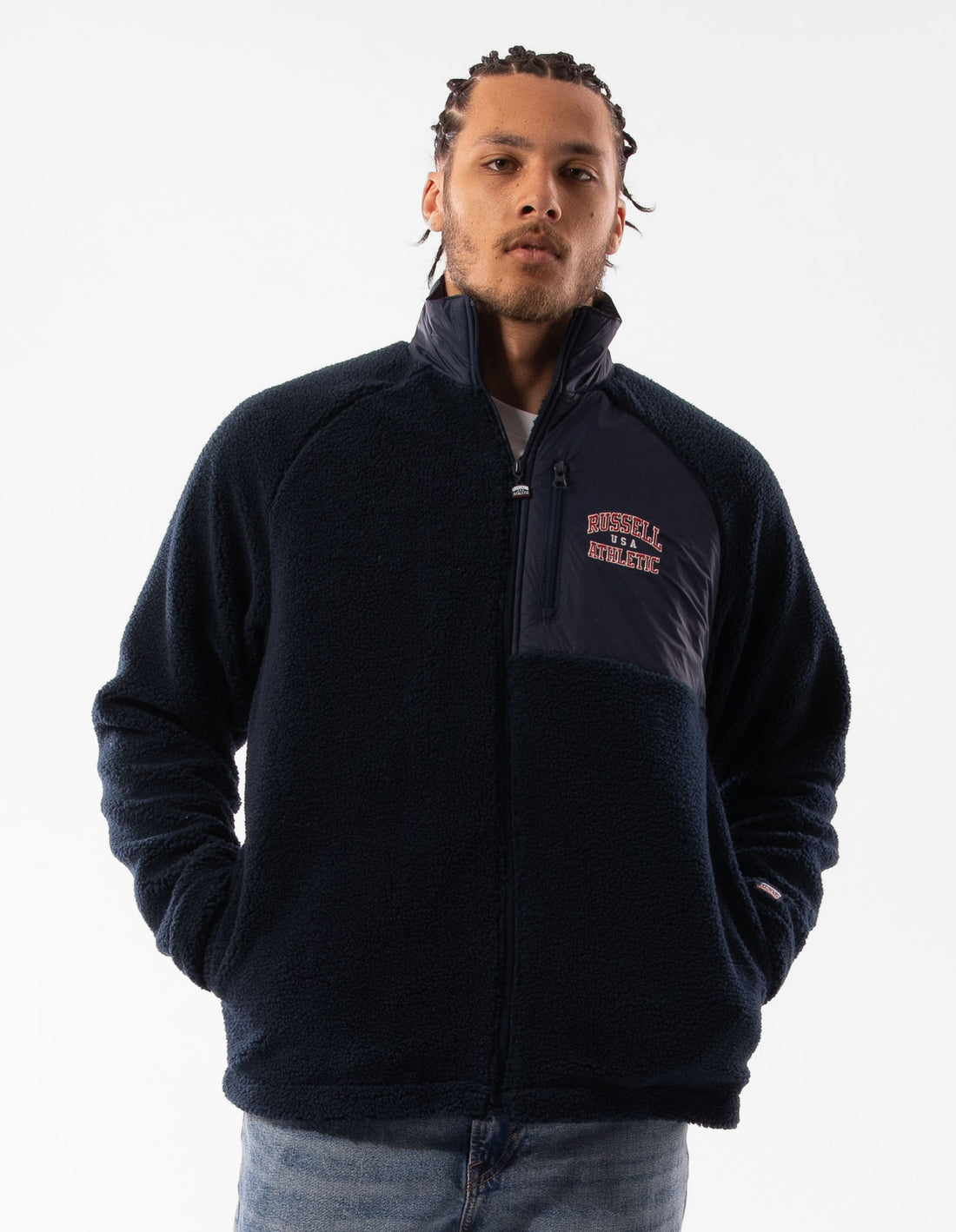 Navy Russell Athletic Lewis Polar Fleece Men Jackets | 14YTKVXBN