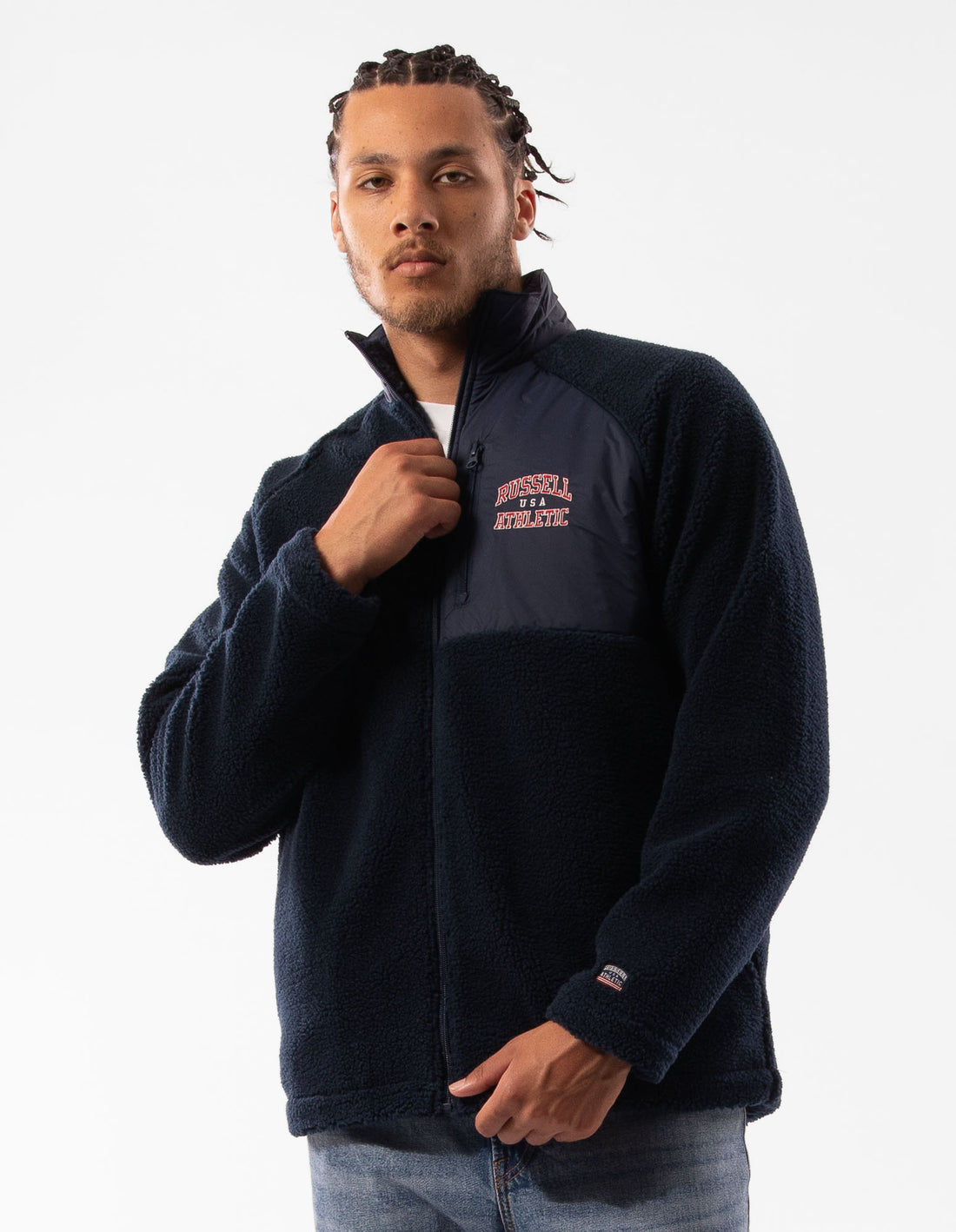 Navy Russell Athletic Lewis Polar Fleece Men Jackets | 14YTKVXBN