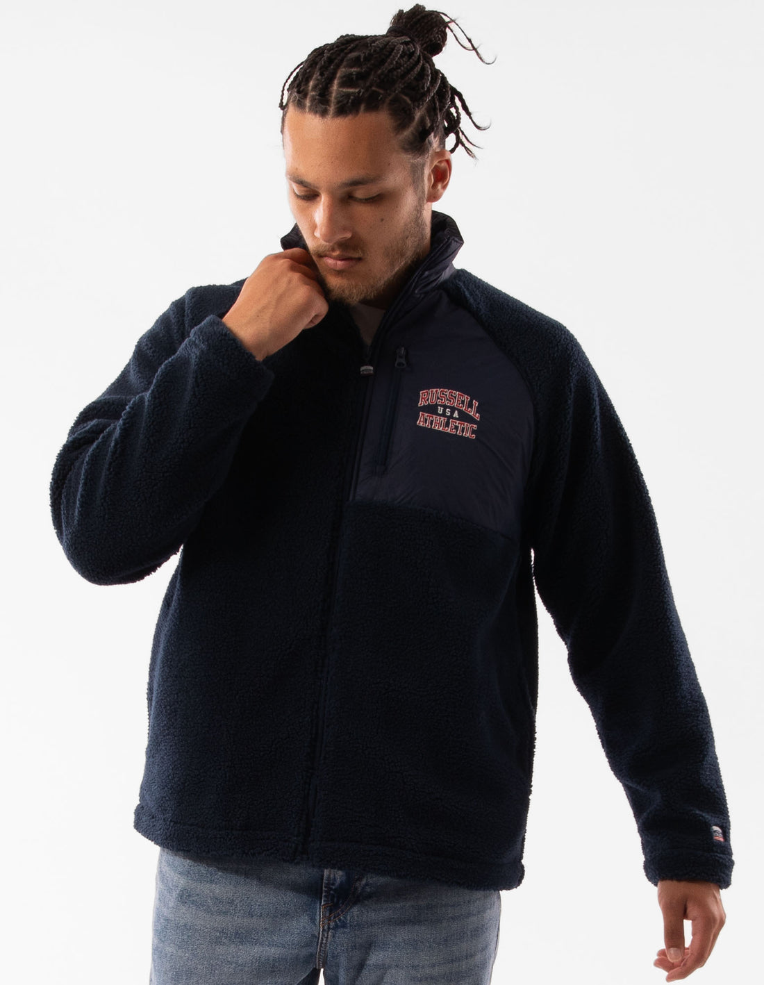 Navy Russell Athletic Lewis Polar Fleece Men Jackets | 14YTKVXBN