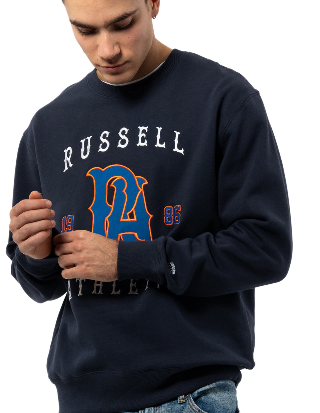 Navy Russell Athletic Midfielder Men Crew Neck Sweaters | 96PHBDFYS