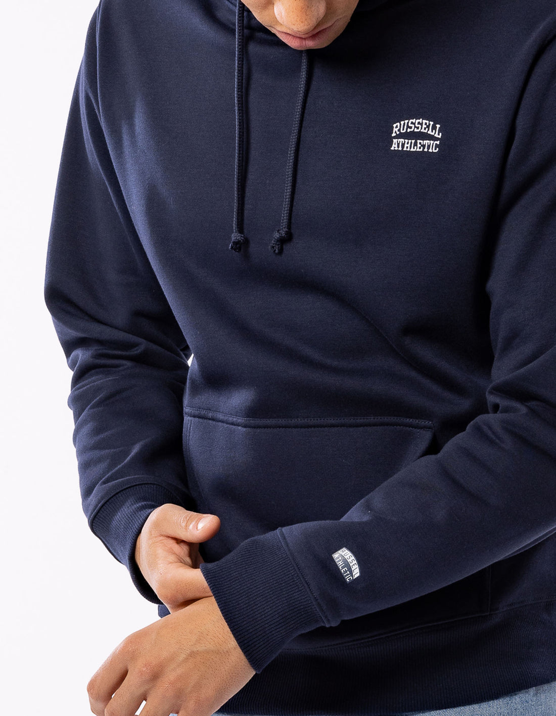 Navy Russell Athletic Originals Small Arch Men Hoodie | 85RBSYGAW