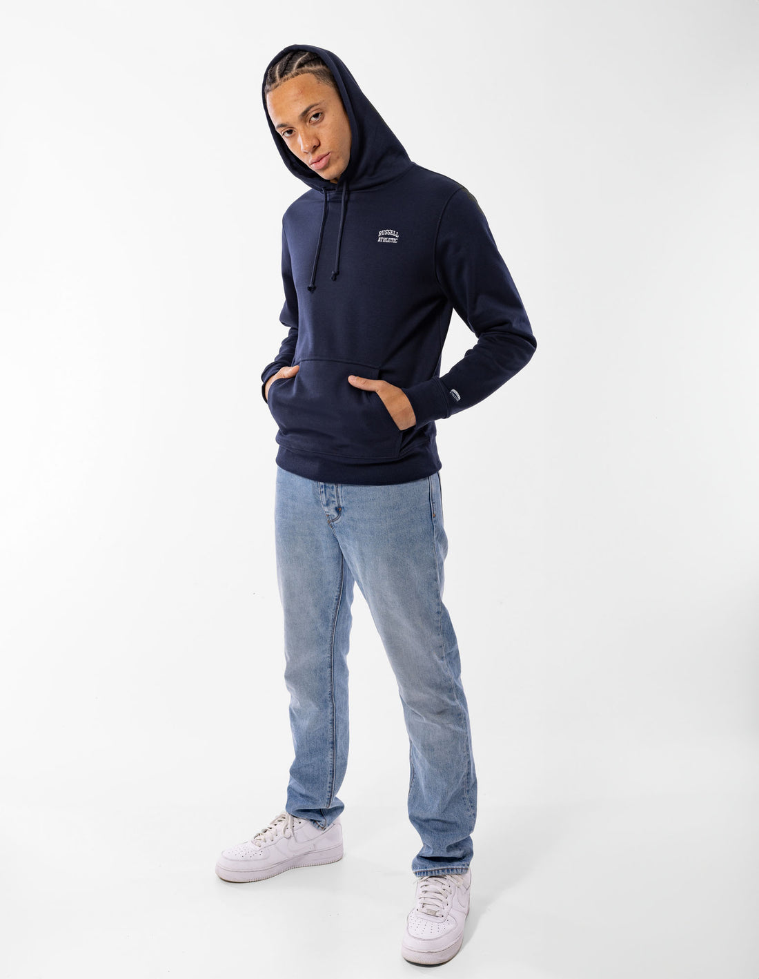 Navy Russell Athletic Originals Small Arch Men Hoodie | 85RBSYGAW