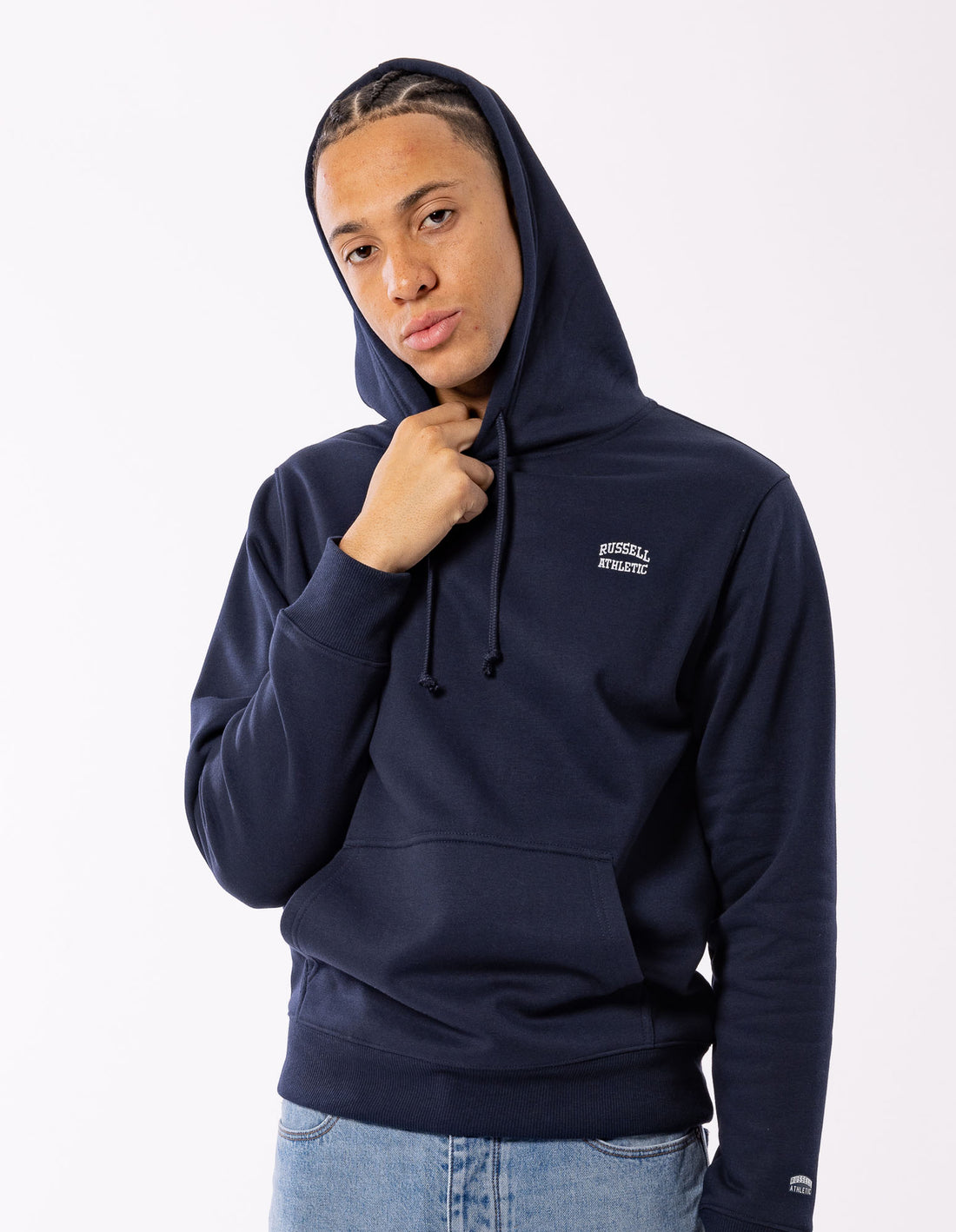 Navy Russell Athletic Originals Small Arch Men Hoodie | 85RBSYGAW