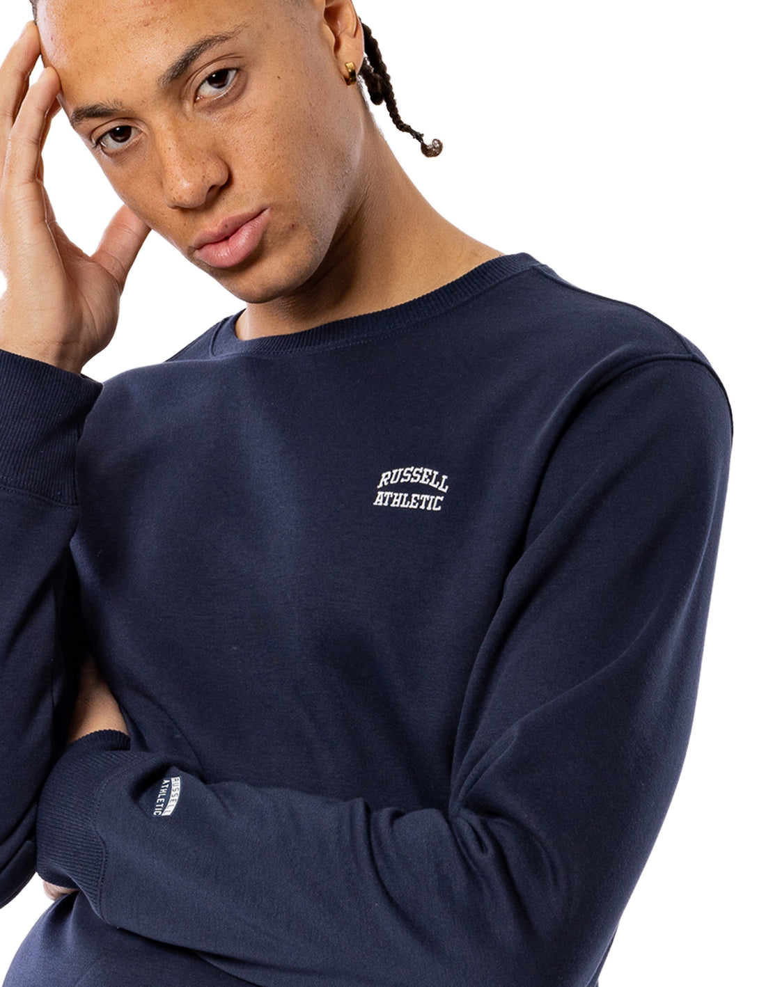 Navy Russell Athletic Originals Small Arch Men Crew Neck Sweaters | 98NXALWFK