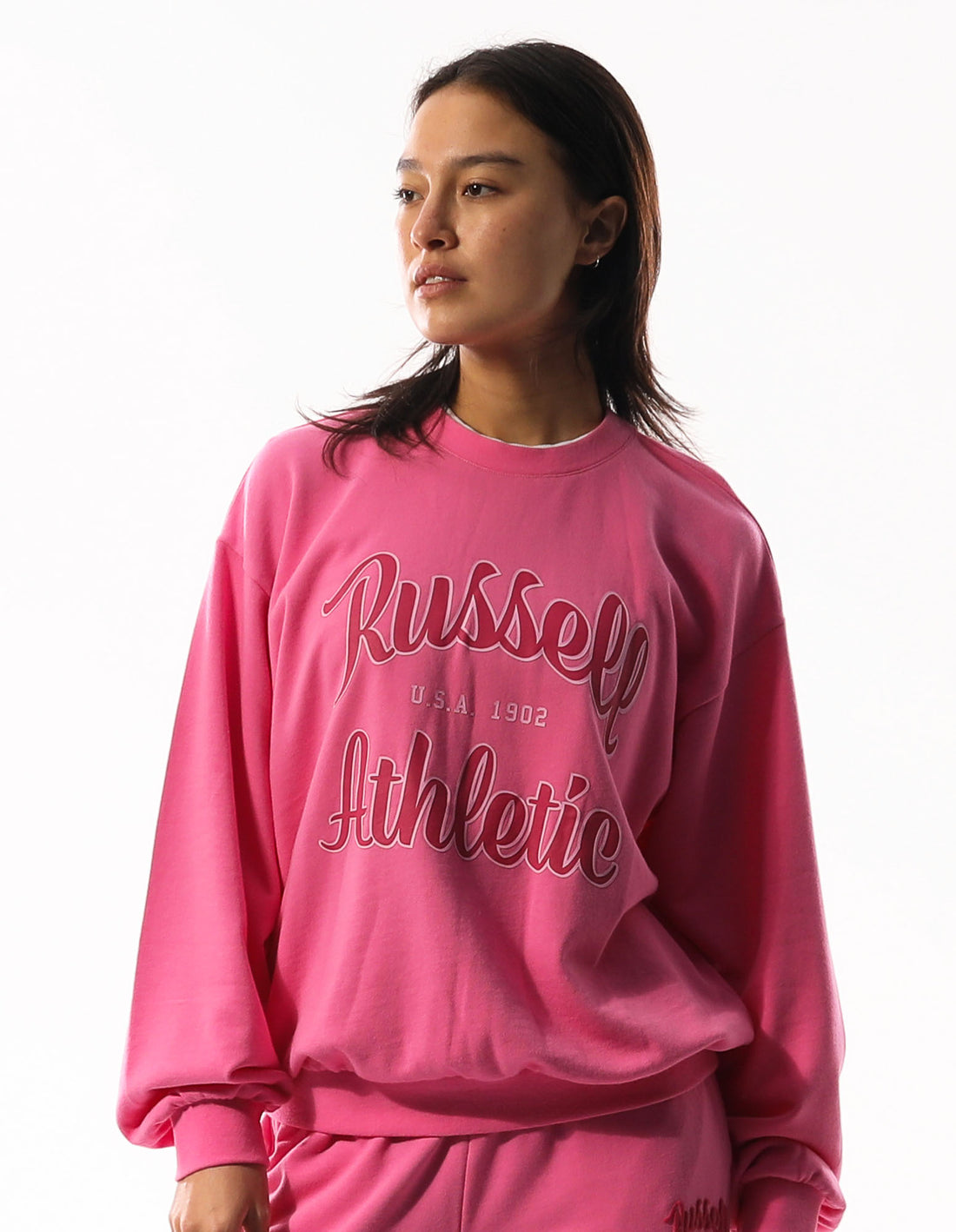 Pink Russell Athletic Annie Oversized Women Crew Neck Sweaters | 79CISHXZA