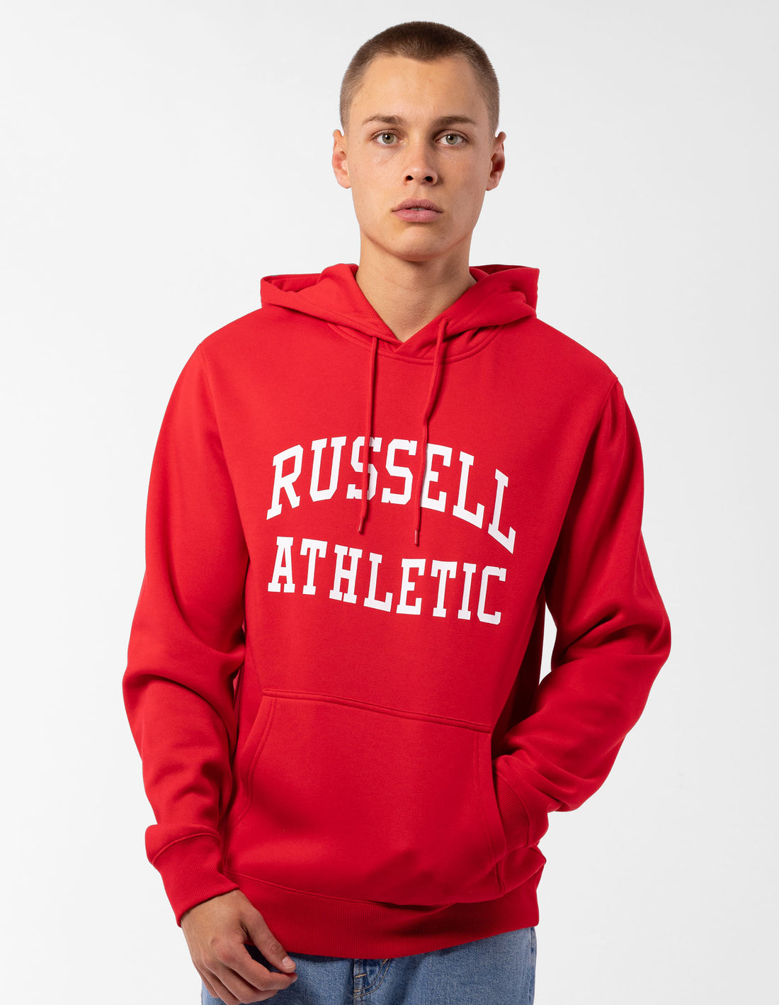 Red Russell Athletic Originals Arch Logo Men Hoodie | 46SKVGXZB