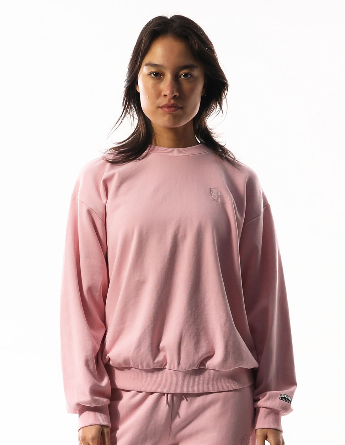 Rose Pink Russell Athletic Inlay Logo Unbrushed Women Crew Neck Sweaters | 32VYCZFMS