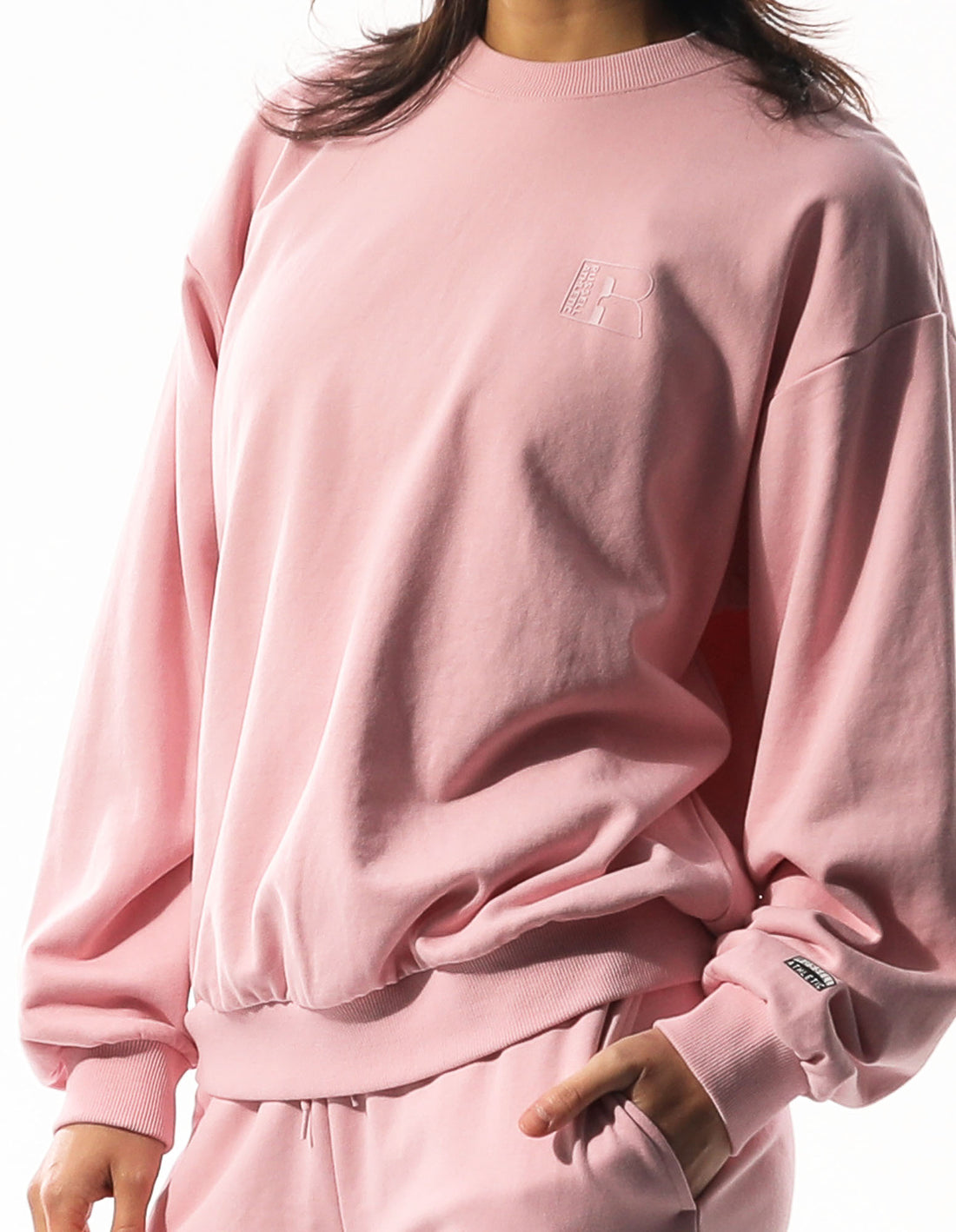 Rose Pink Russell Athletic Inlay Logo Unbrushed Women Crew Neck Sweaters | 32VYCZFMS