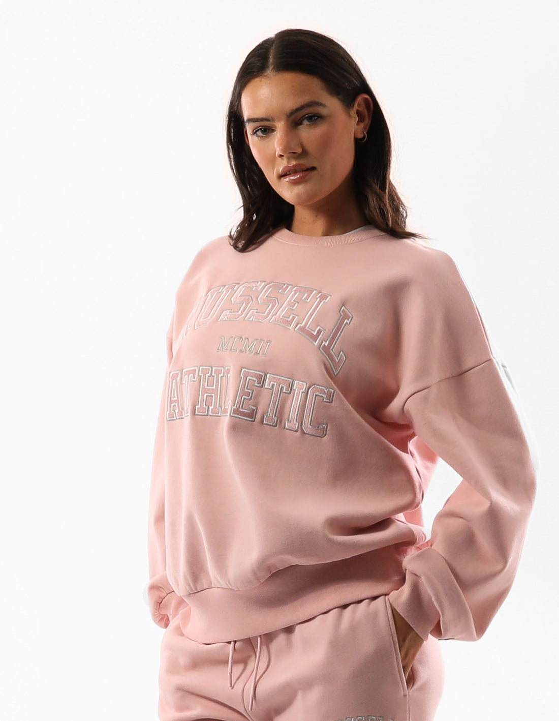 Rose Pink Russell Athletic Seattle Arch Oversized Women Crew Neck Sweaters | 47DTYMIRX