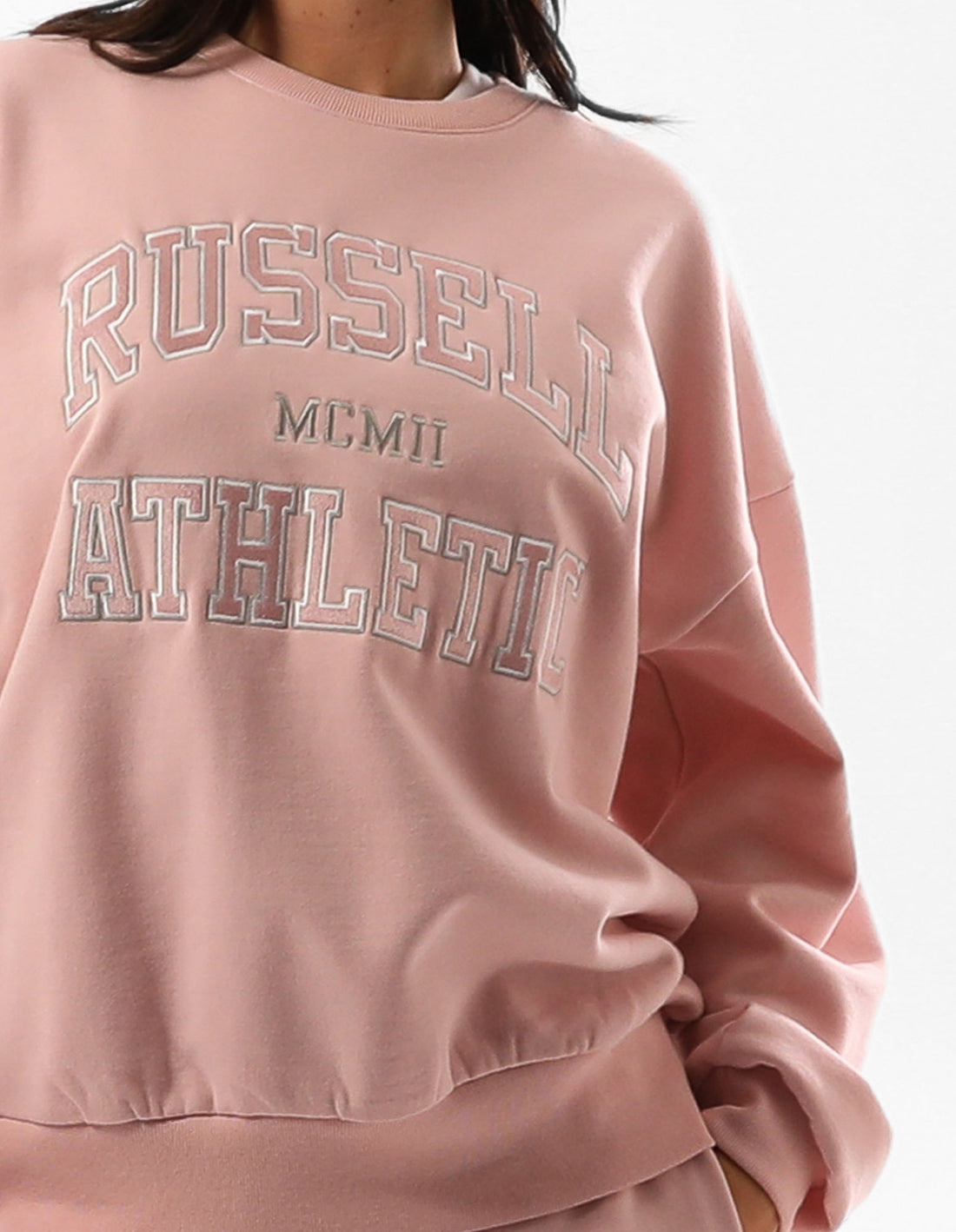 Rose Pink Russell Athletic Seattle Arch Oversized Women Crew Neck Sweaters | 47DTYMIRX