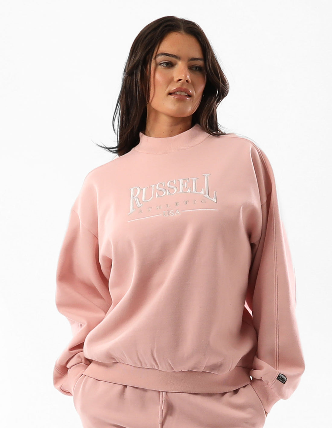 Rose Pink Russell Athletic Tribeca Mock Neck Women Crew Neck Sweaters | 40XKQJDZP