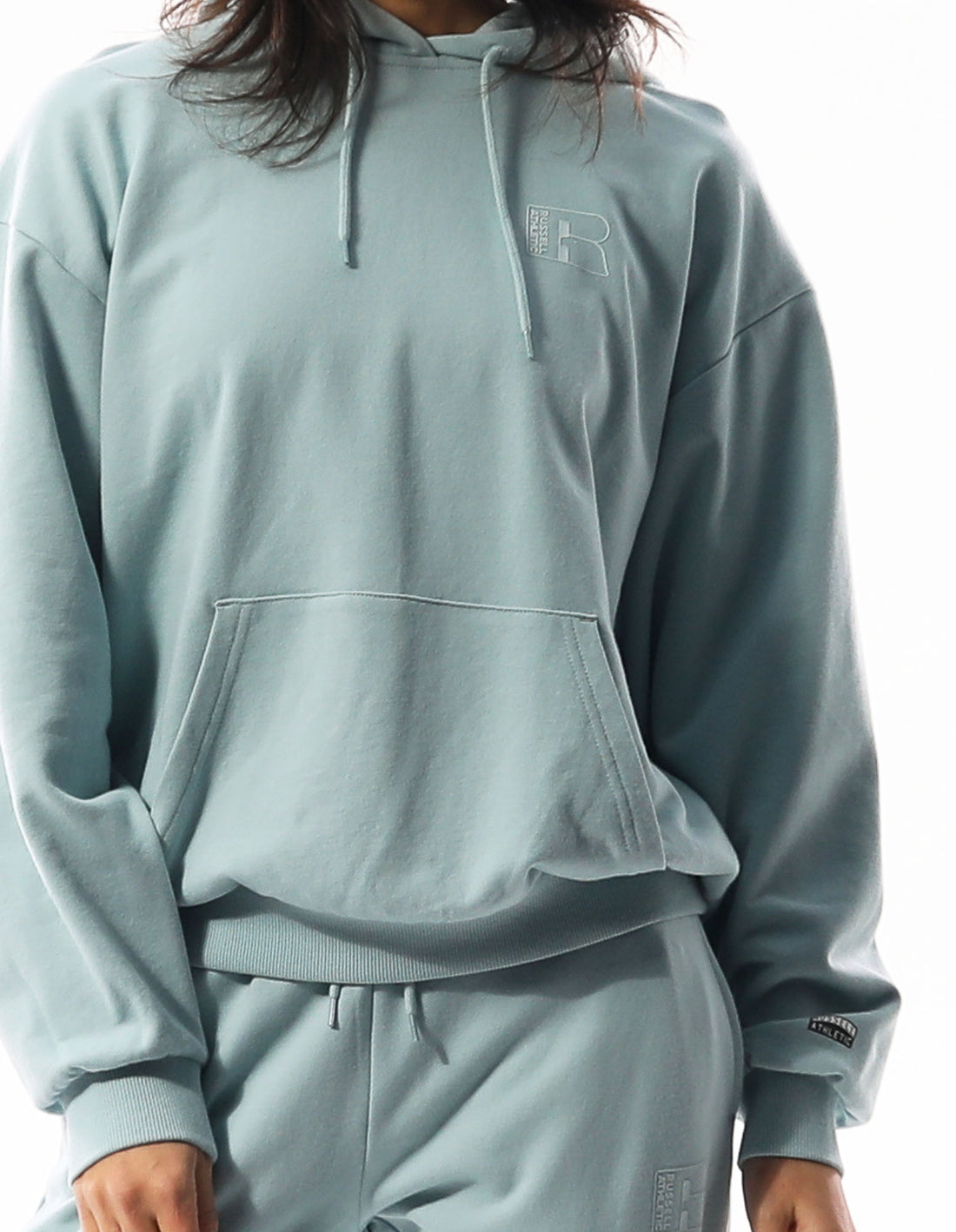 Turquoise Russell Athletic Inlay Logo Unbrushed Women Hoodie | 70FRDJNBE