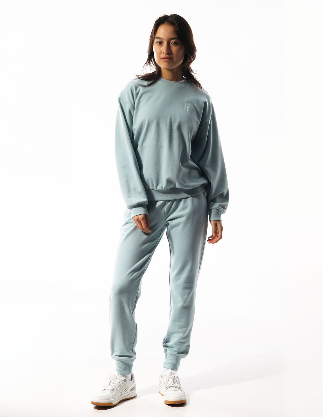 Turquoise Russell Athletic Inlay Logo Unbrushed Women Crew Neck Sweaters | 39EUIJVZW