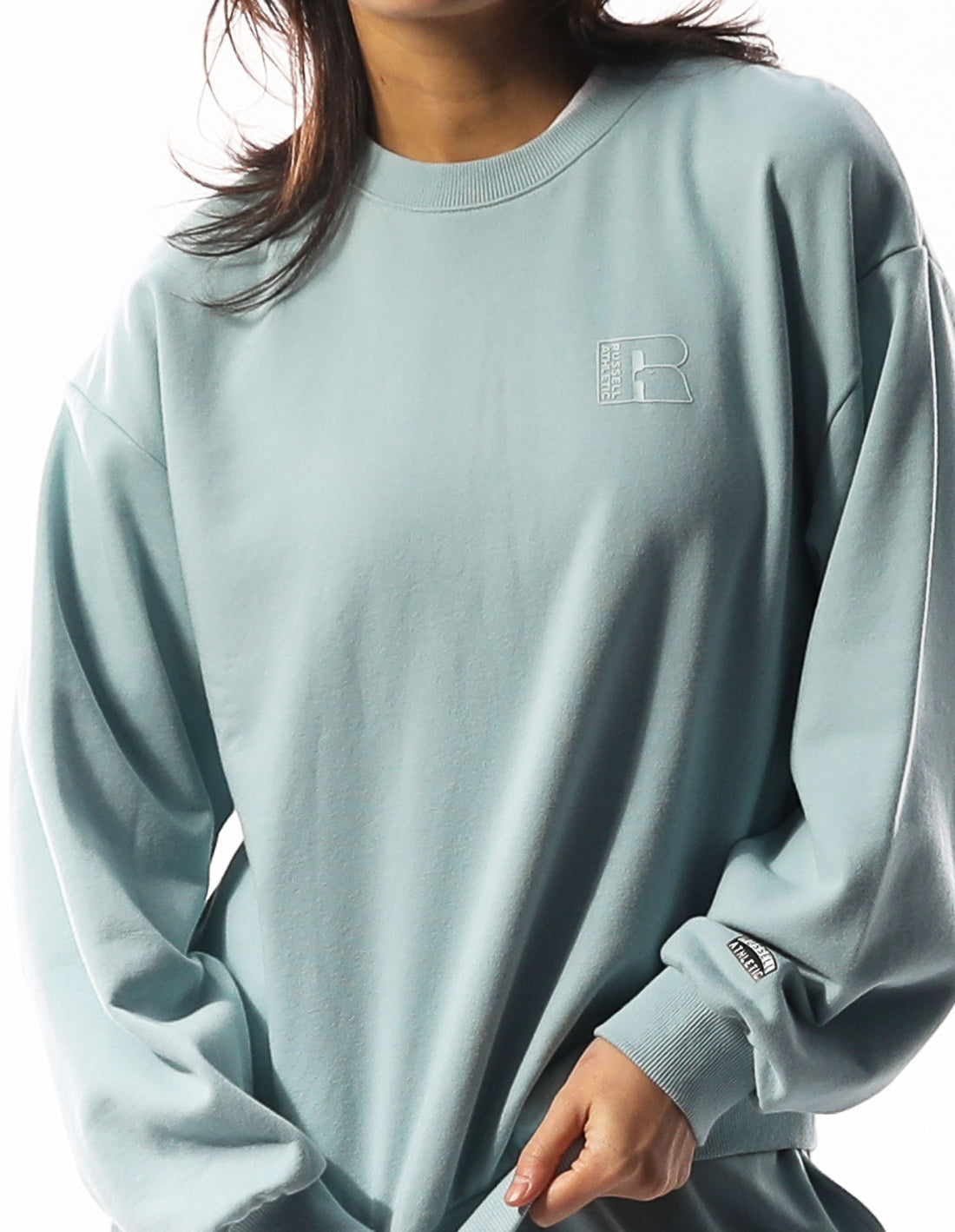 Turquoise Russell Athletic Inlay Logo Unbrushed Women Crew Neck Sweaters | 39EUIJVZW