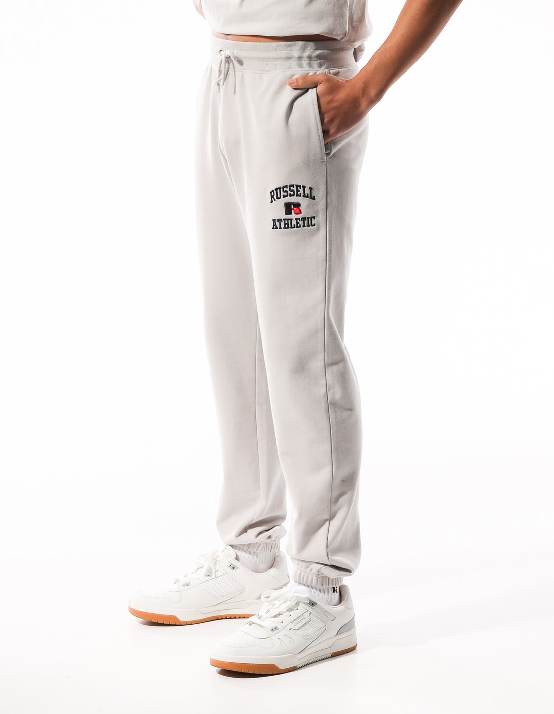 White Russell Athletic Arch Logo Stripe Men Track pants | 40CHZSONL