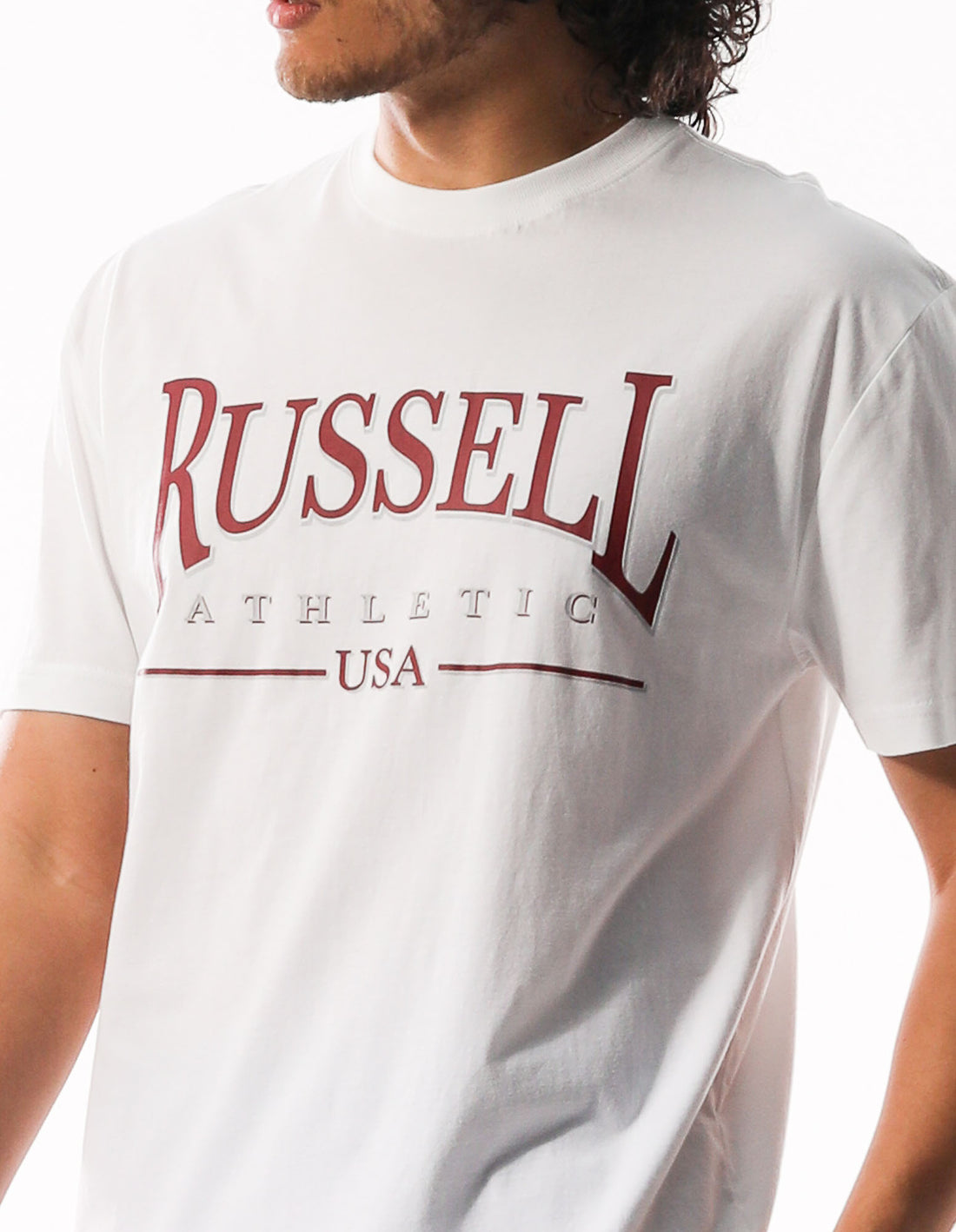 White Russell Athletic Glendale Oversized Men T Shirts | 58OJWQATE