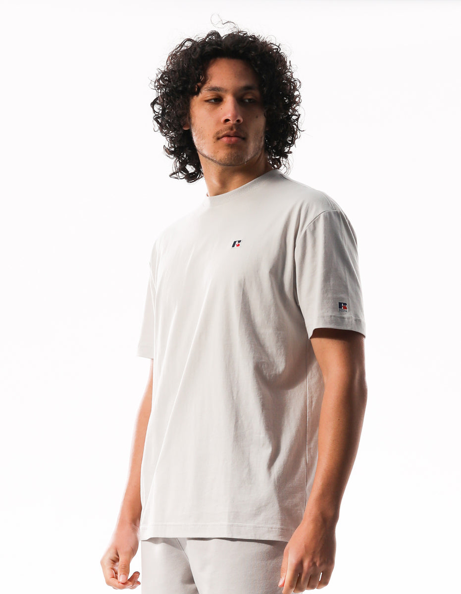 White Russell Athletic R Logo Slouch Men T Shirts | 14VNSRXMF