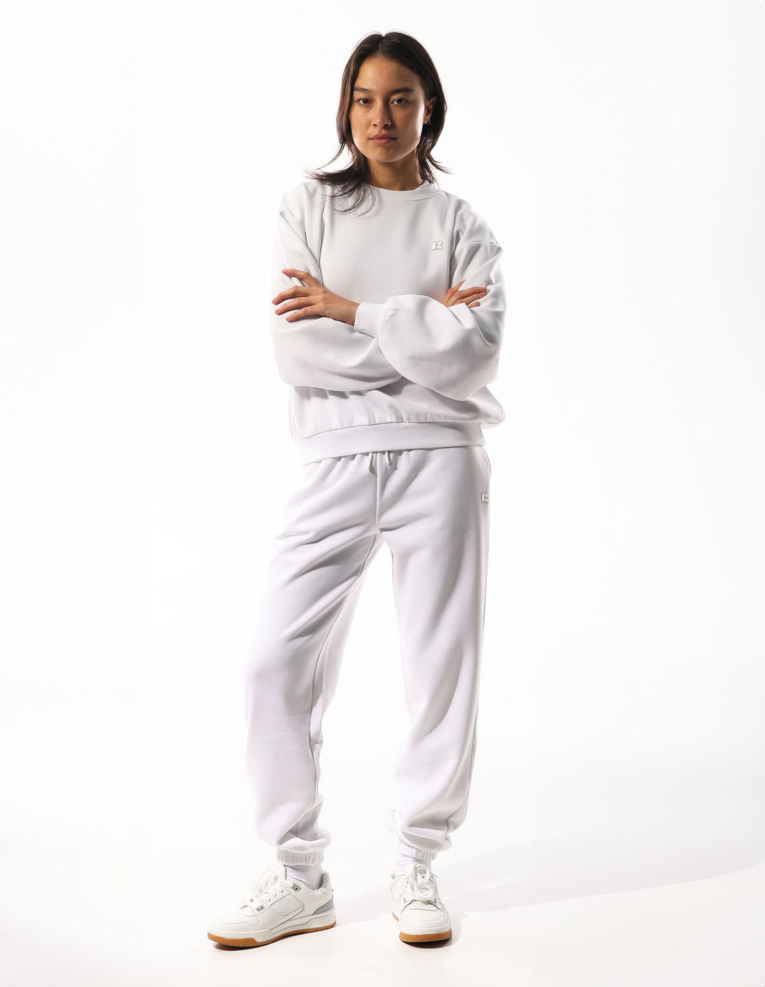 White Russell Athletic R Logo Women Crew Neck Sweaters | 75MGLWYQS