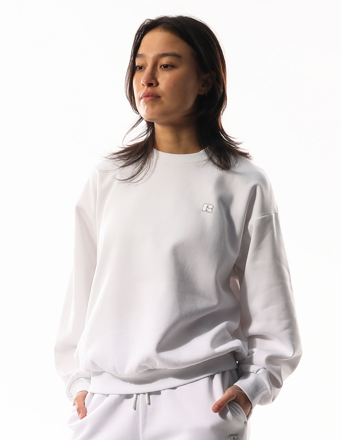 White Russell Athletic R Logo Women Crew Neck Sweaters | 75MGLWYQS